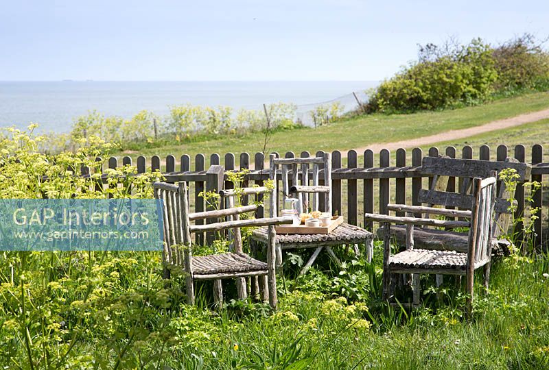 Seating area in coastal garden

