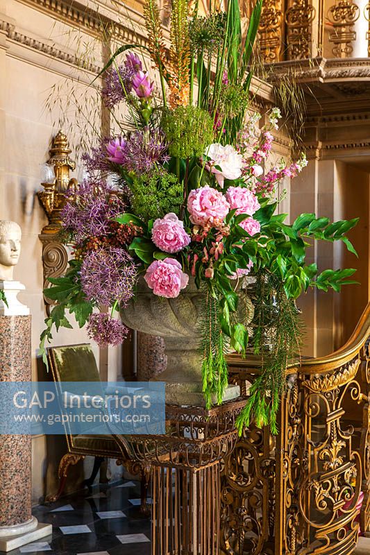 Floral display with Peonies, Alliums and Larkspur flowers