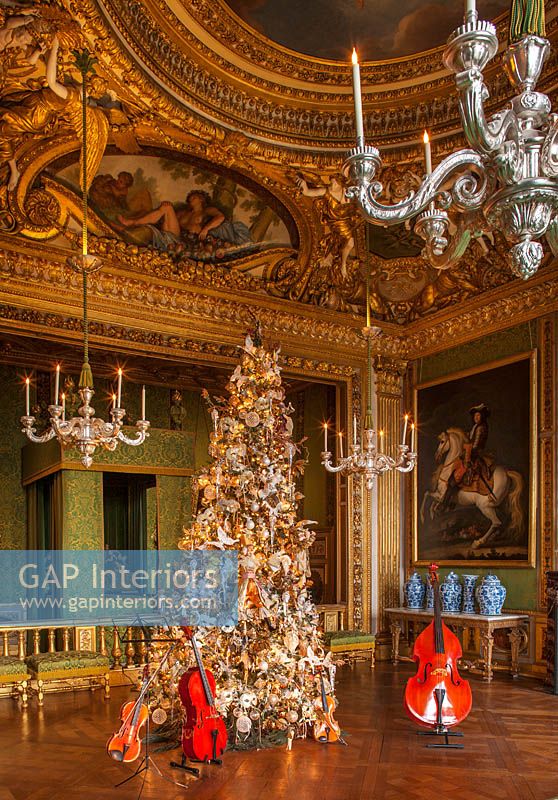 Christmas tree in the kings bedchamber, baroque ceiling by Le Brun, Vaux le Vicomte