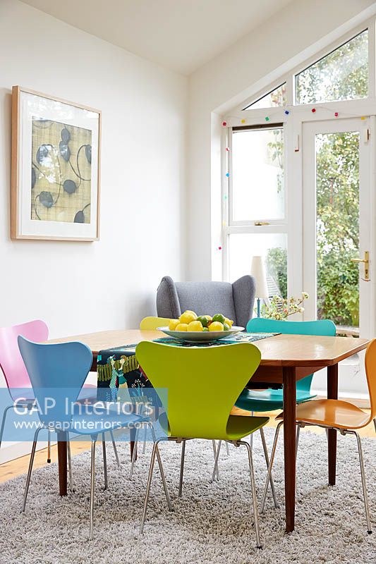 Colourful chairs at dining table