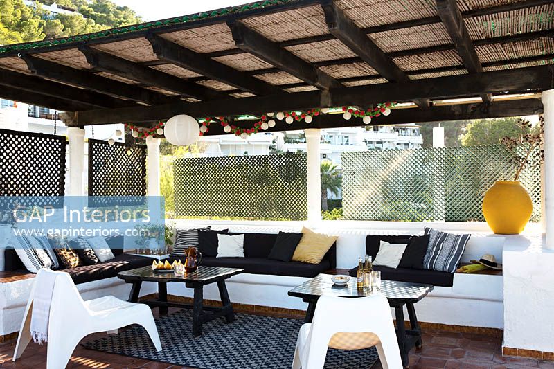 Covered seating area on roof terrace