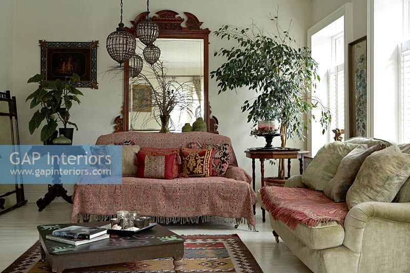 Patterned soft furnishings on sofa
