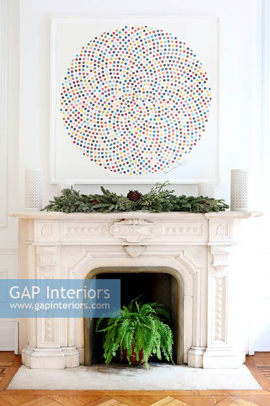 Christmas decorations and painting by Damien Hirst