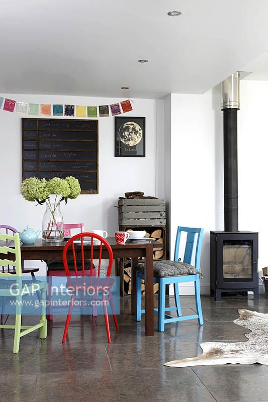 Colourful chairs in dining area