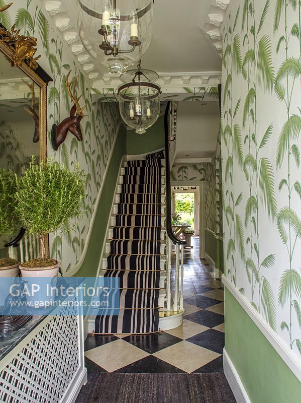 Classic hallway with patterned wallpaper