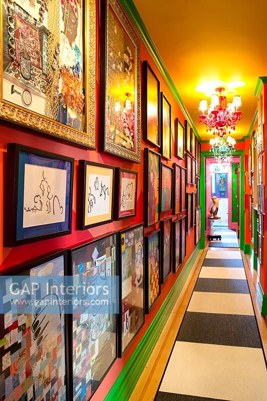 Colourful hallway with art display