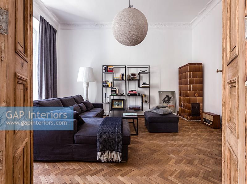 Modern living room with parquet flooring