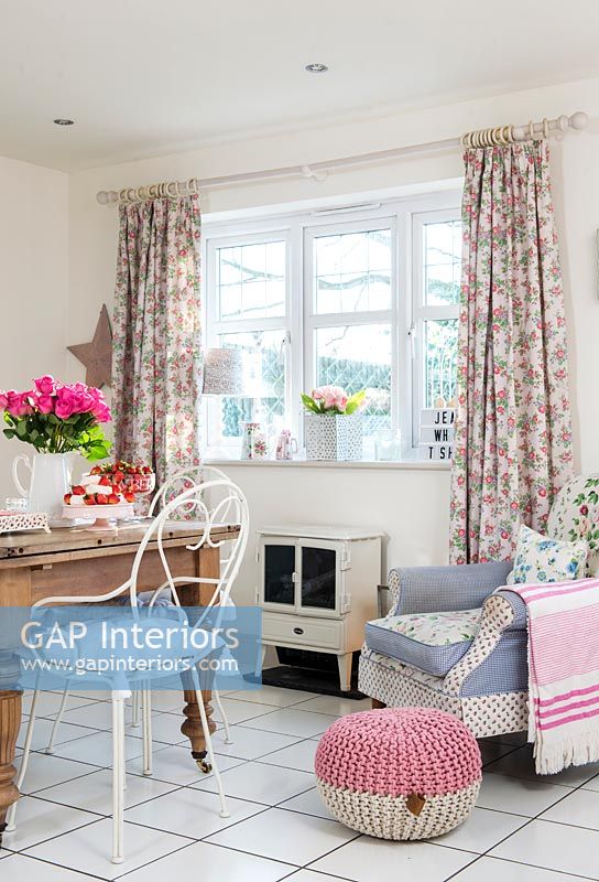 Floral curtains at dining room window