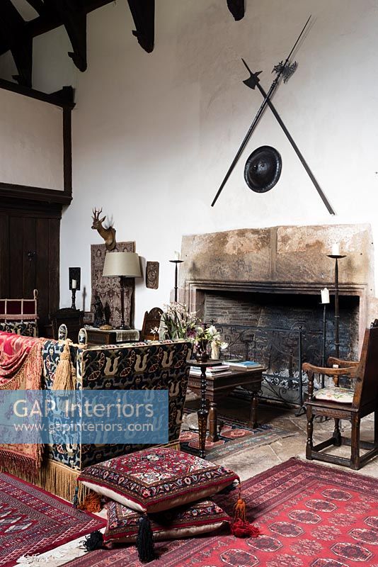 Knoll sofa upholstered in a traditional 17th-century fabric design, The Great Hall at Cothay Manor