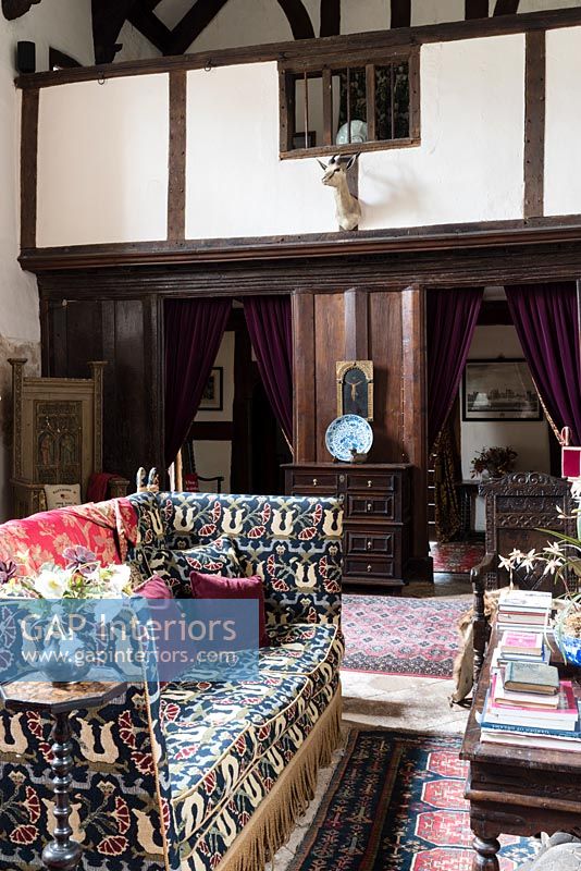Knoll sofa upholstered in a traditional 17th-century fabric design, The Great Hall at Cothay Manor
