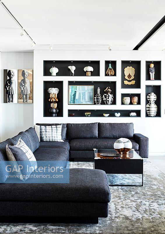 Contemporary living room with art display