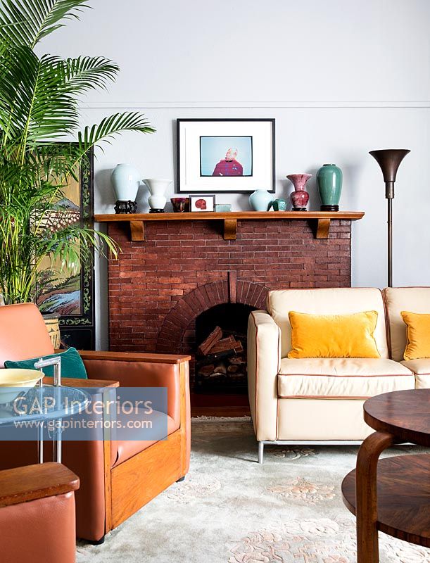 Brick fireplace in living room