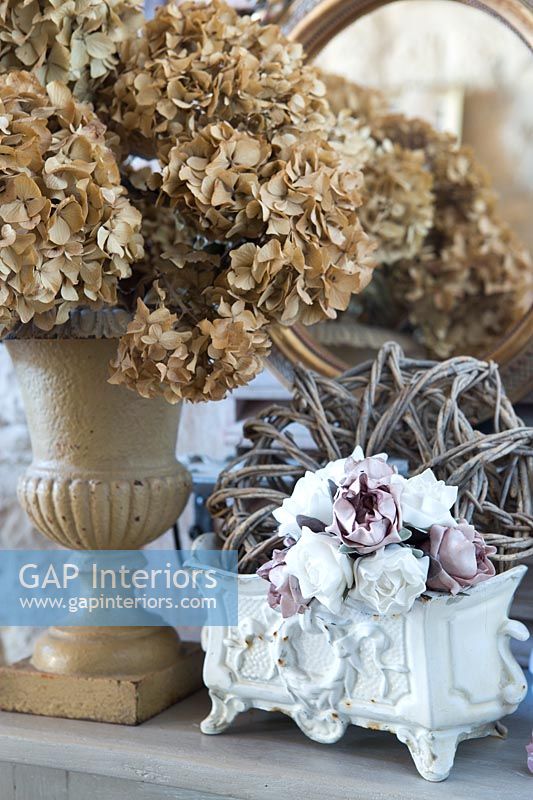 Dried Hydrangea flowers in urn