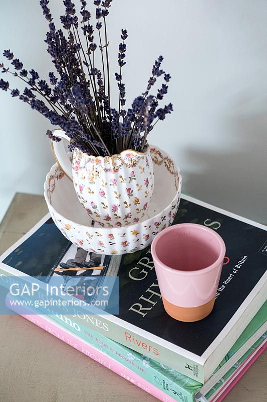 Lavender flowers in patterned jug
