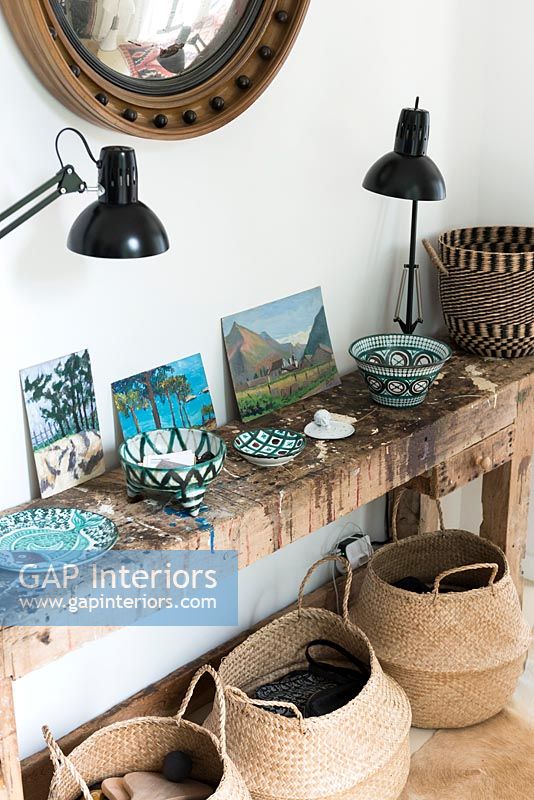 Patterned bowls on rustic console table