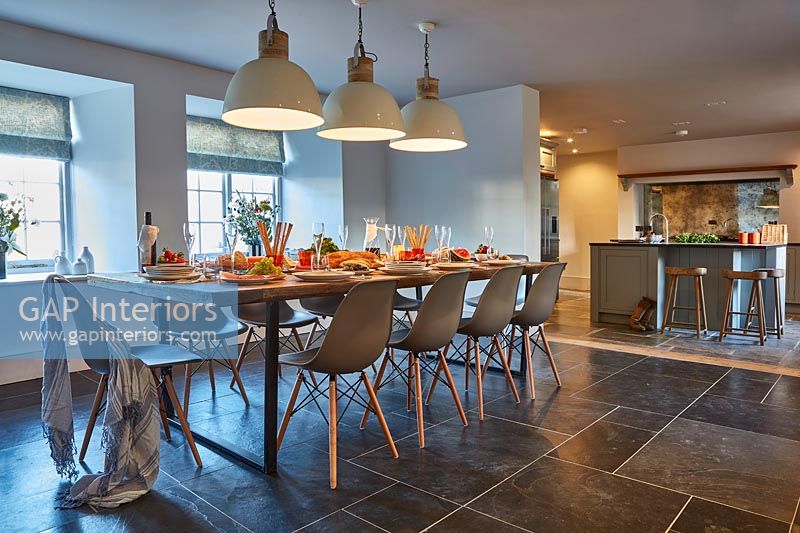 Kitchen and dining area with slate floor
