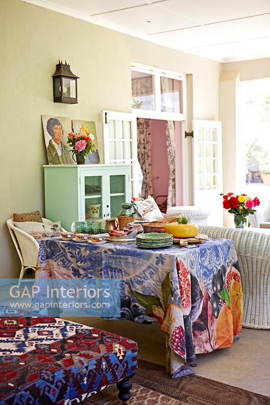 Side table with patterned tablecloth