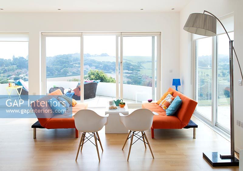 Colourful living room with countryside views