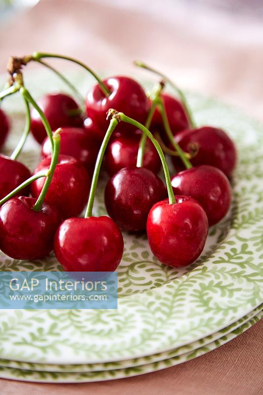 Cherries on patterned plate
