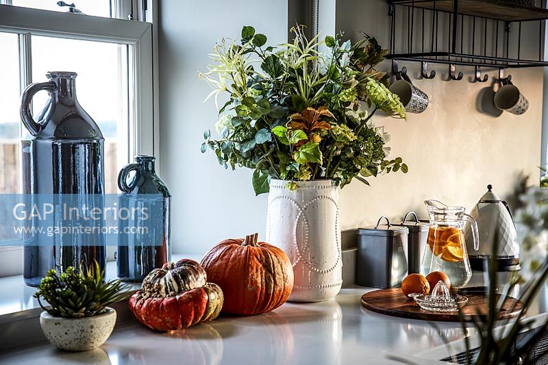 Flowers and houseplants on kitchen counter