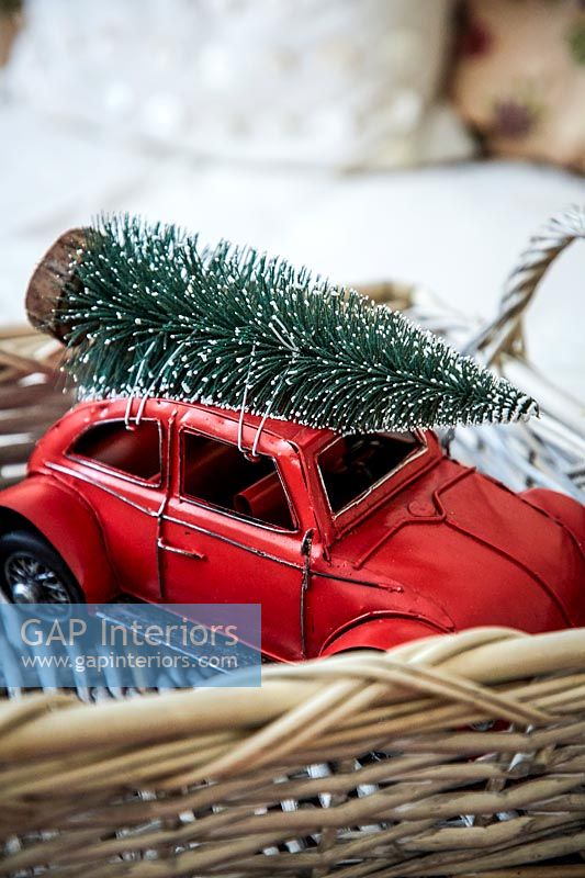 Christmas decorations in basket