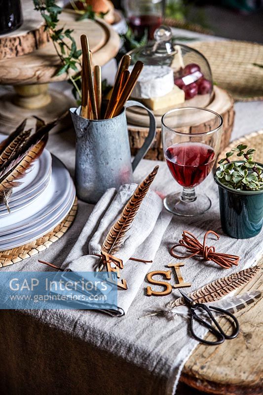 Detail of decorations on dining table set for entertaining