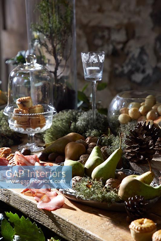 Food displayed on wooden table