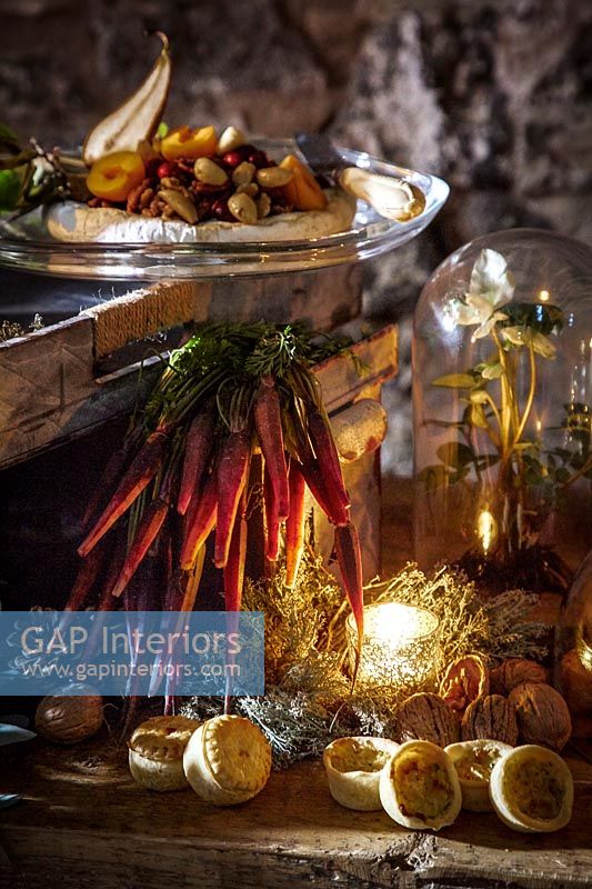 Food displayed on a rustic wooden table
