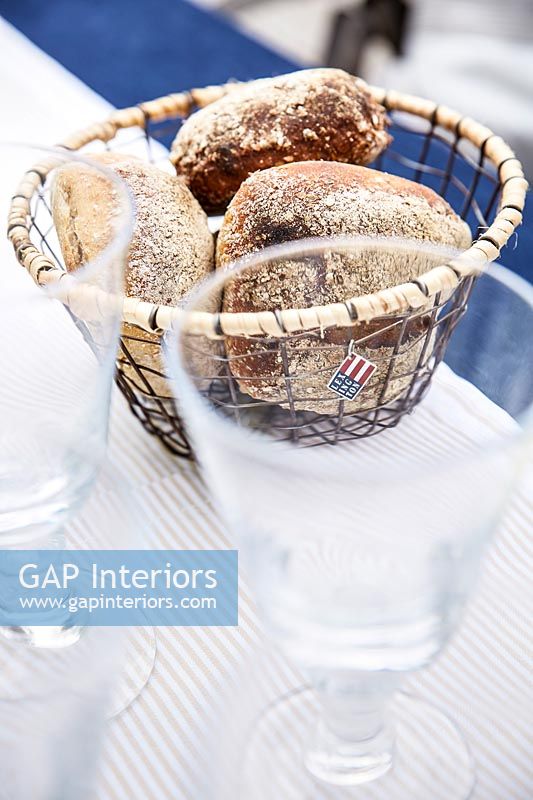 Bread basket and glasses on outside dining table