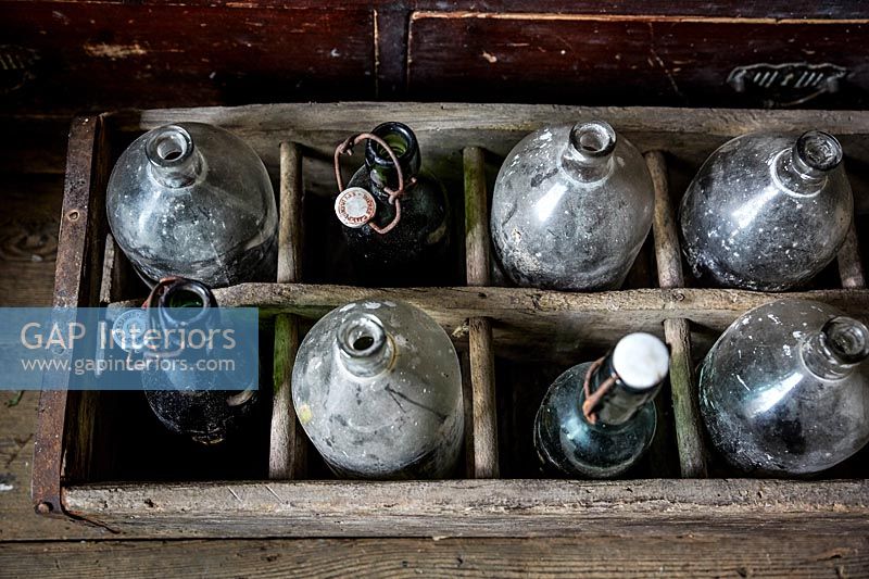Detail of vintage bottles in a crate