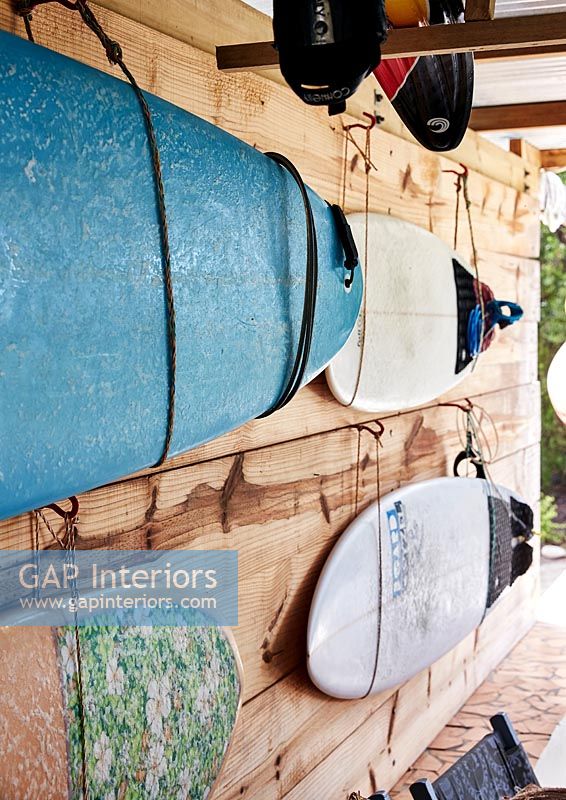 Detail of surfboards on wall