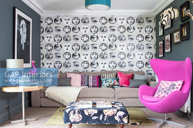 Modern living room with patterned wallpaper