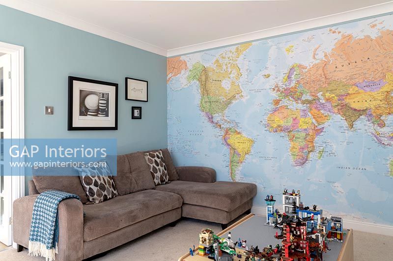 Playroom with world map wallpaper