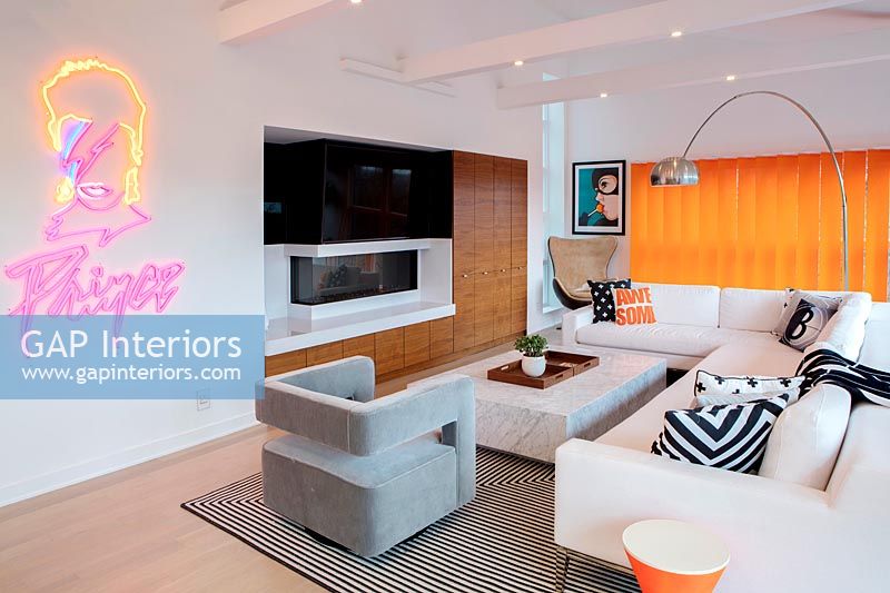 Modern living room with neon art 