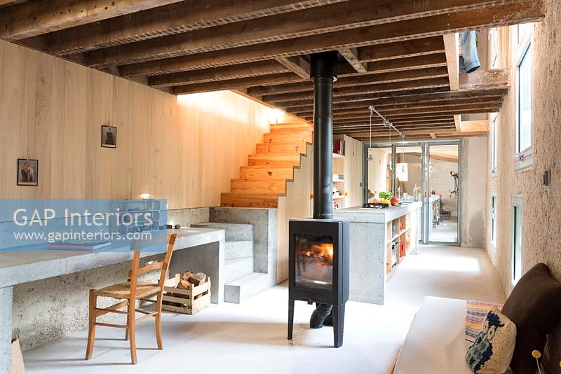 Wood burning stove in modern open plan living space