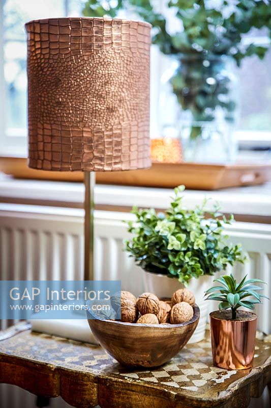 Copper effect lampshade and houseplants on side table 