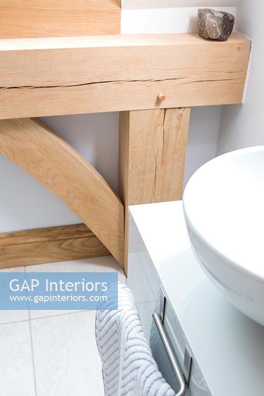 Modern bathroom sink and detail of wooden beams 
