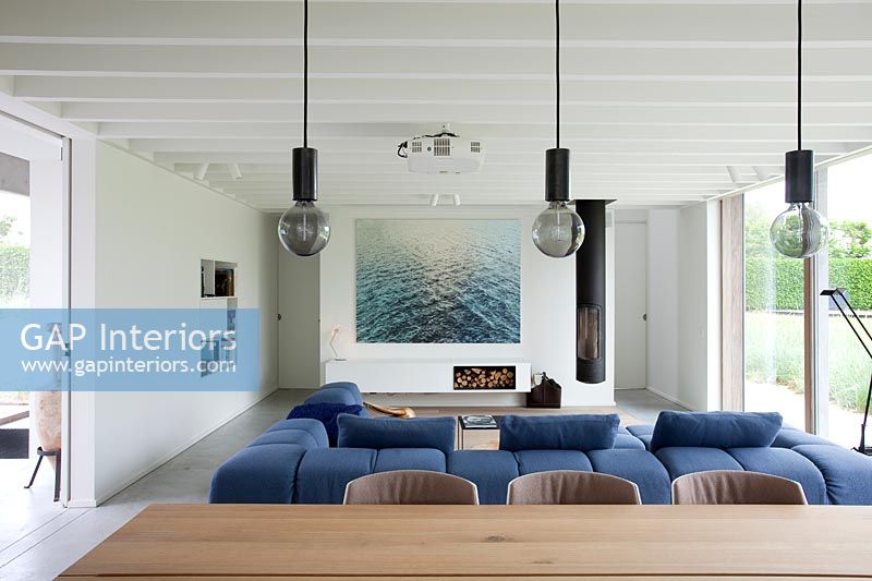 Modern living room with suspended log burner