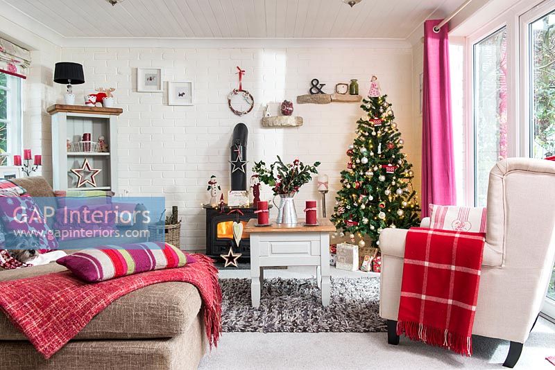 Colourful living room decorated for Christmas 