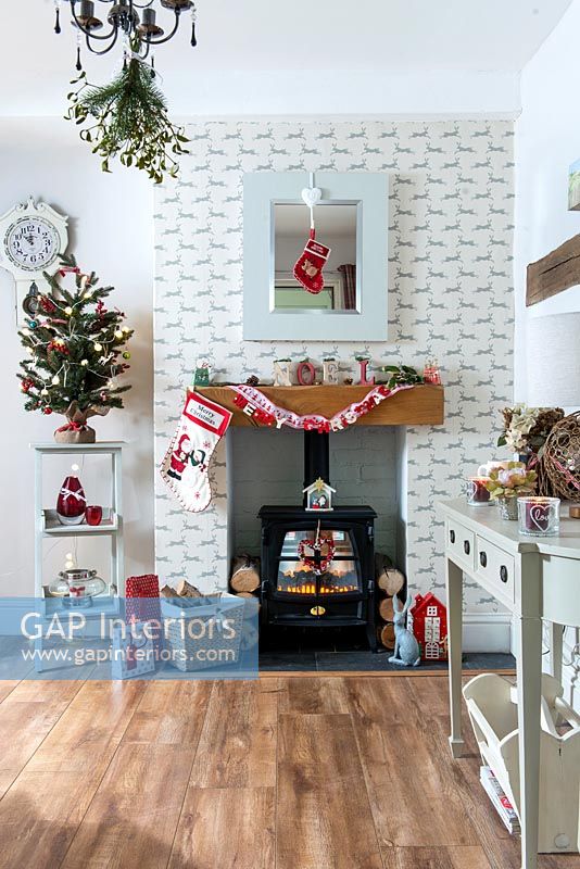 Christmas decorations around fireplace 