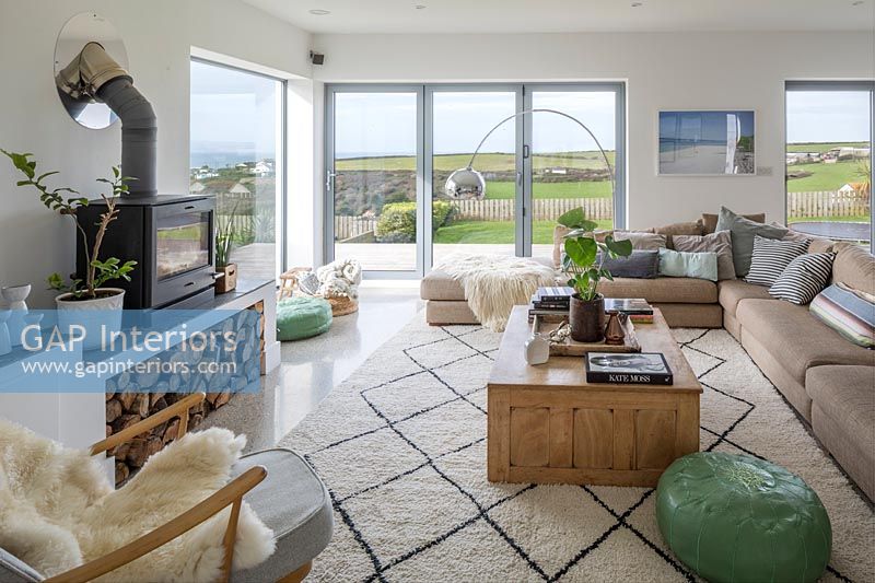 Modern living room with coastal view