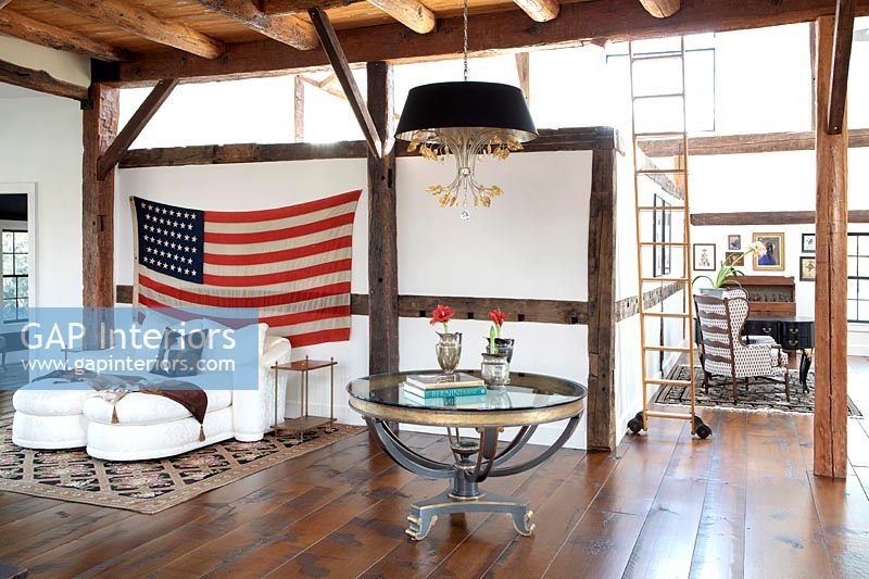 Country living room with an American flag 