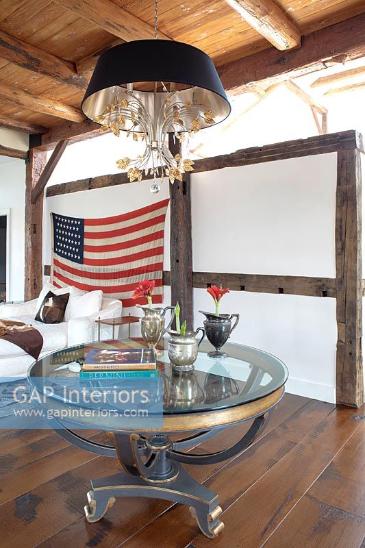 American flag in modern country living room 