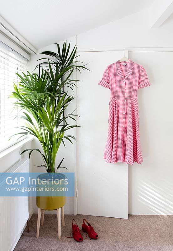 Built-in wardrobe with vintage gingham dress and large houseplant