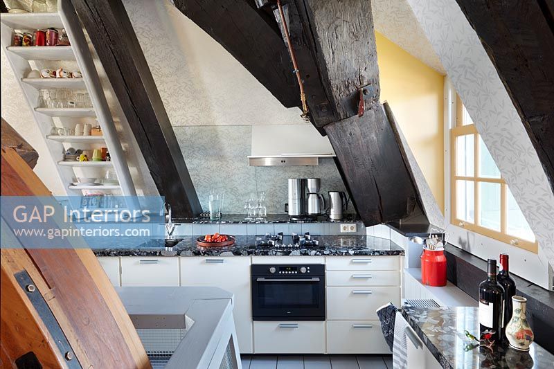 Modern kitchen in a converted C16th Dutch Windmill 