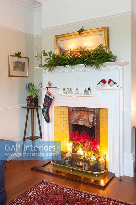Classic fireplace decorated at Christmas