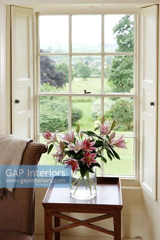 Flowers in vase by window with views of countryside 