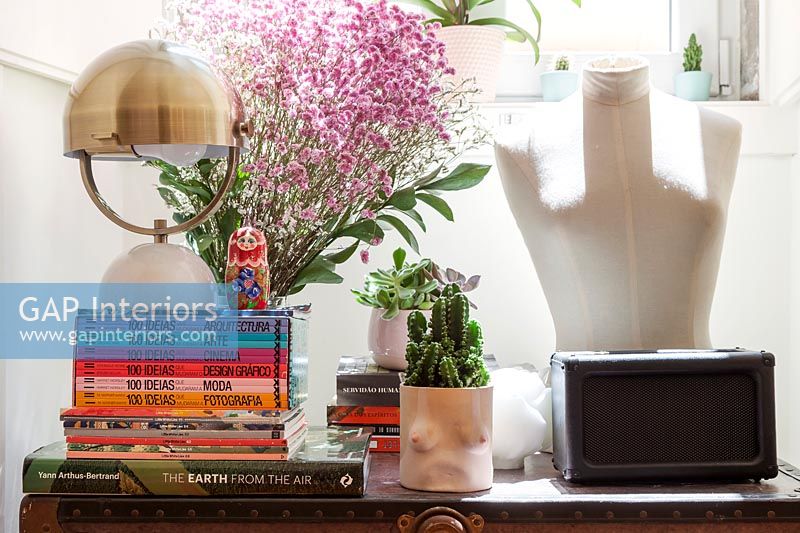 Side table with books, ornaments and houseplants 