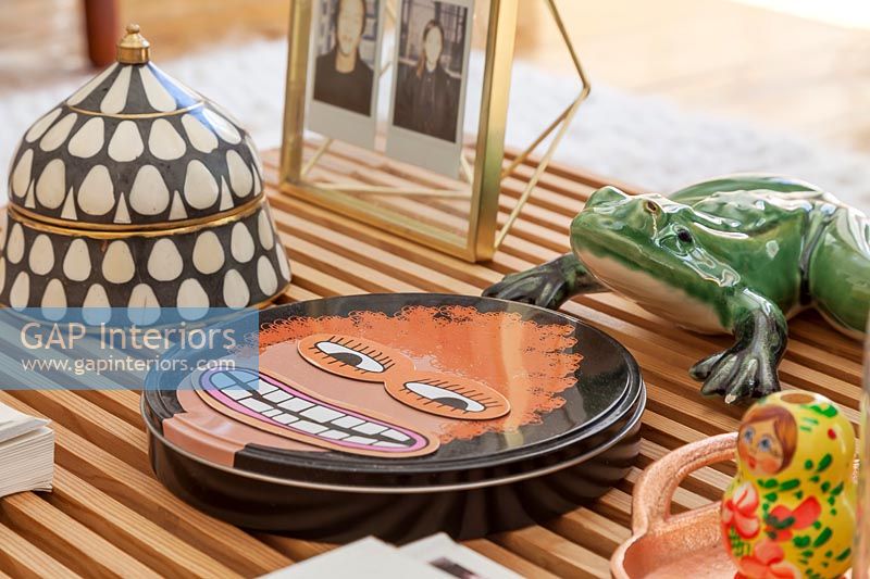 Colourful collectibles on coffee table 