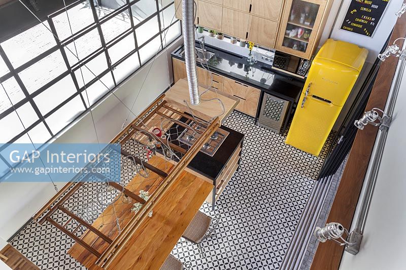 Overhead view of modern industrial kitchen 